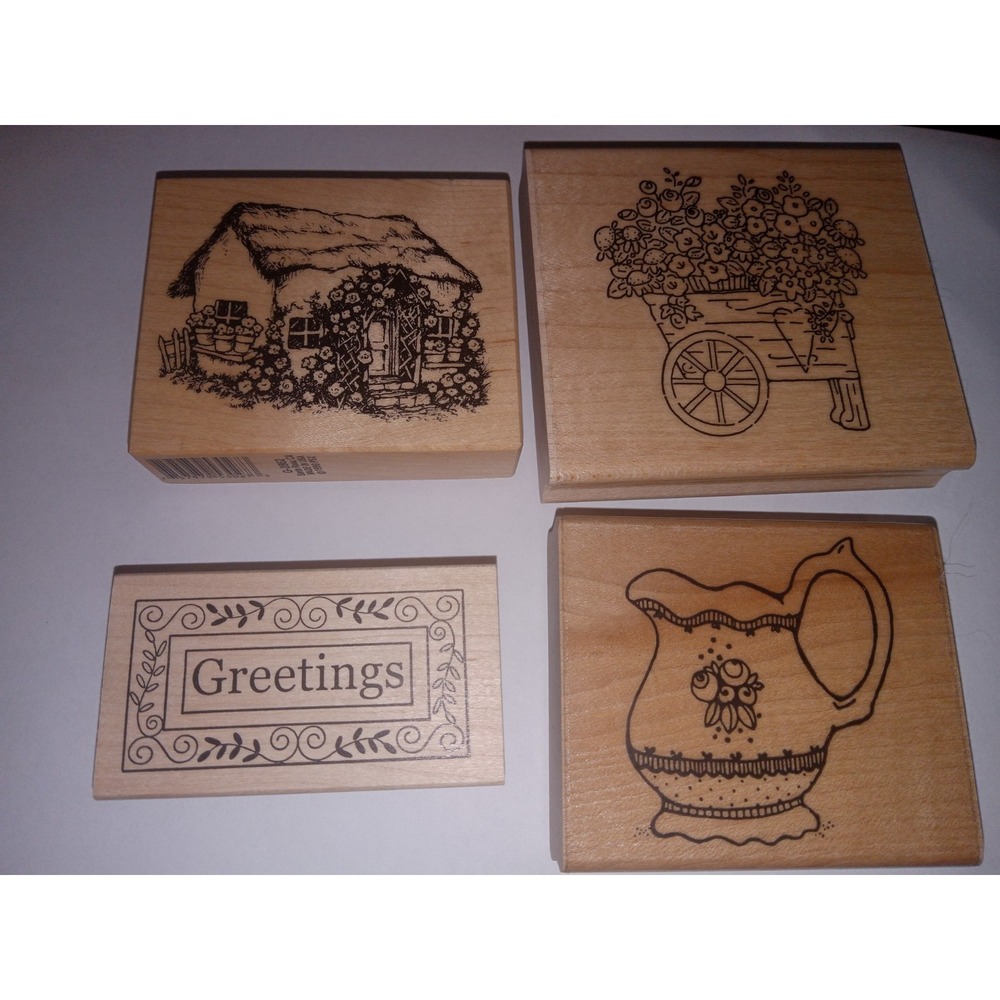 Lot of 4 Rubber Stamps Country Cottage Flower Cart Card Making Stamping Vtg